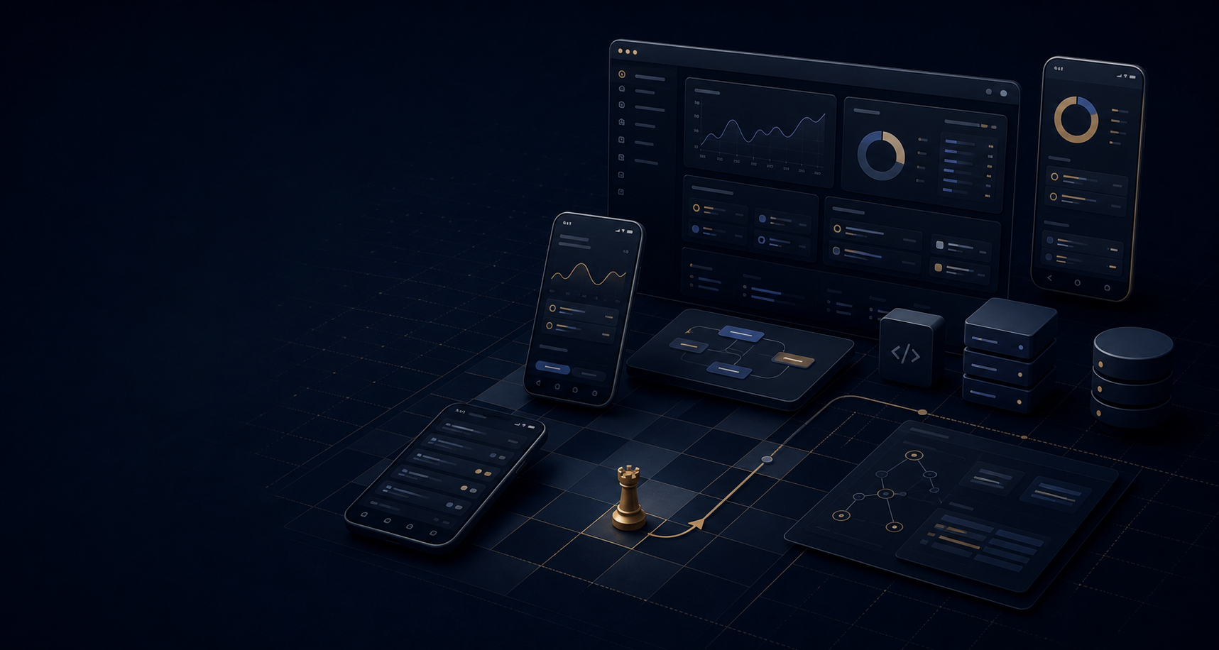 Dark product interface composition with app screens, dashboards, system blocks, and a subtle chess strategy path